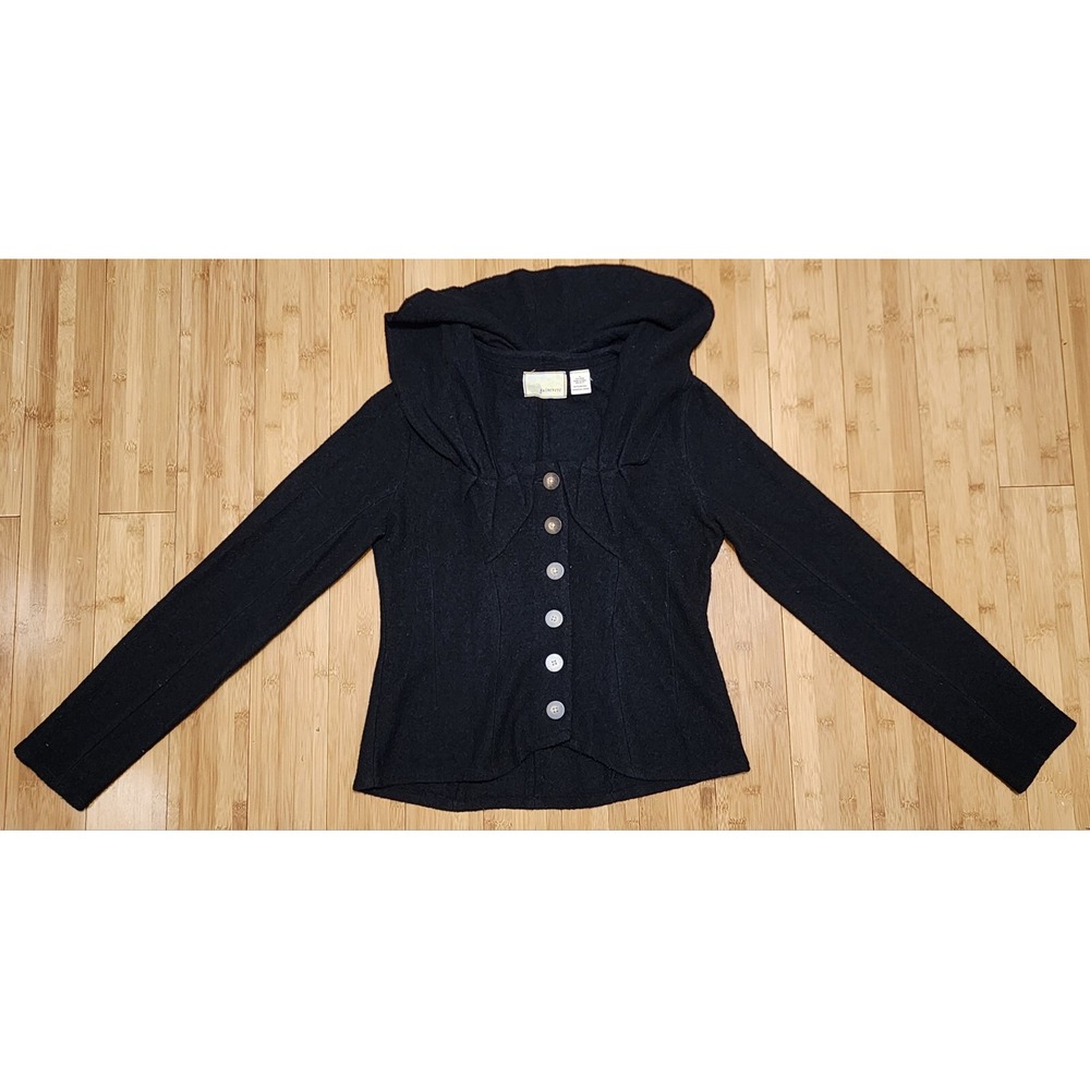 Anthropologie Guinevere Black Wool Cardigan Sweater Hooded Button Front Medium